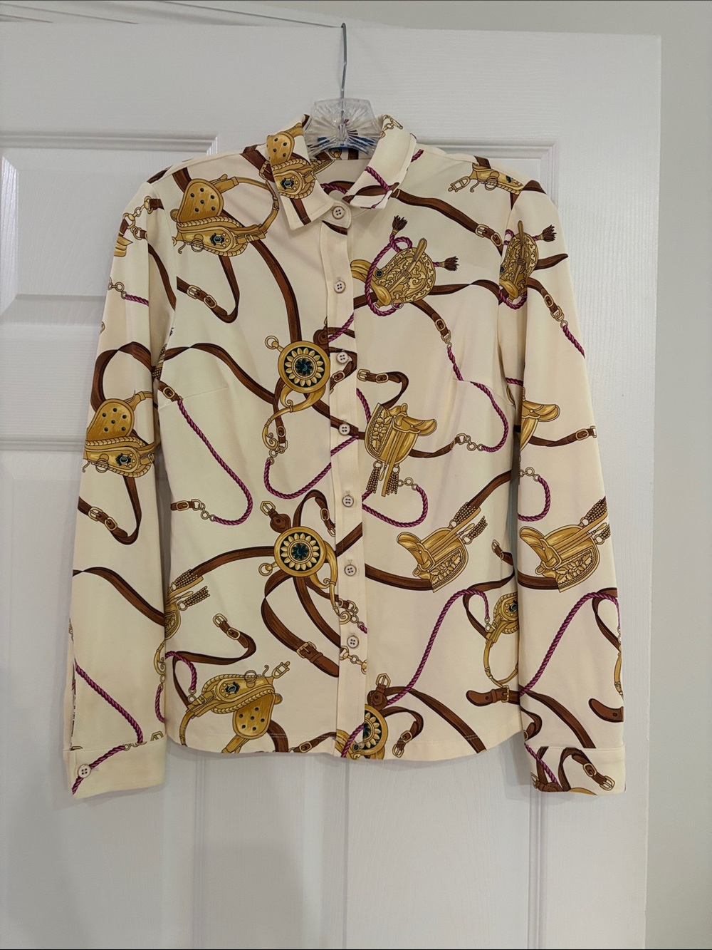 J. McLaughlin Cream Equestrian-Print Button Down Shirt